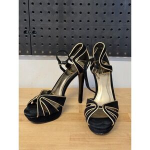 Coach Daylan Q3162 Black Suede Gold Piping Platform Stiletto Heels Womens 7.5B